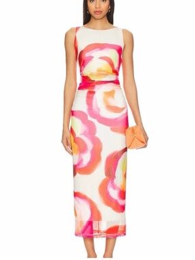 Amanda Uprichard White Floral Midi Dress with Pink, Orange and Yellow Swirls